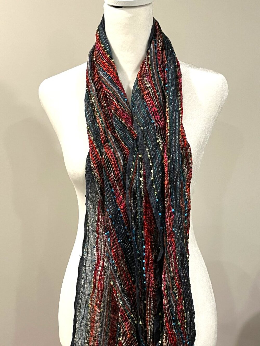 Vintage Whimsygoth Y2K Metallic Cottagecore Ribbon Knit Mesh Scarf Fringed